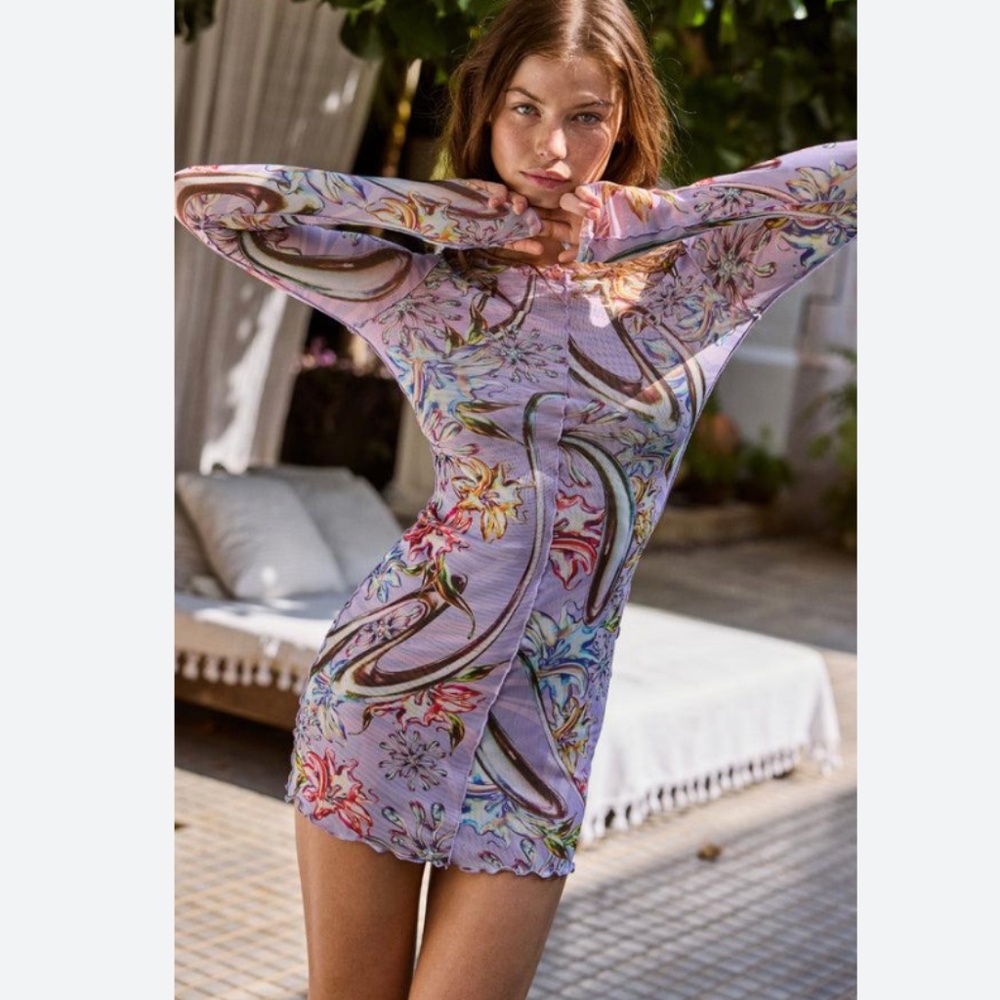 Aqua Bendita Hadley floral print mech long sleeve mini dress cover up Small S
